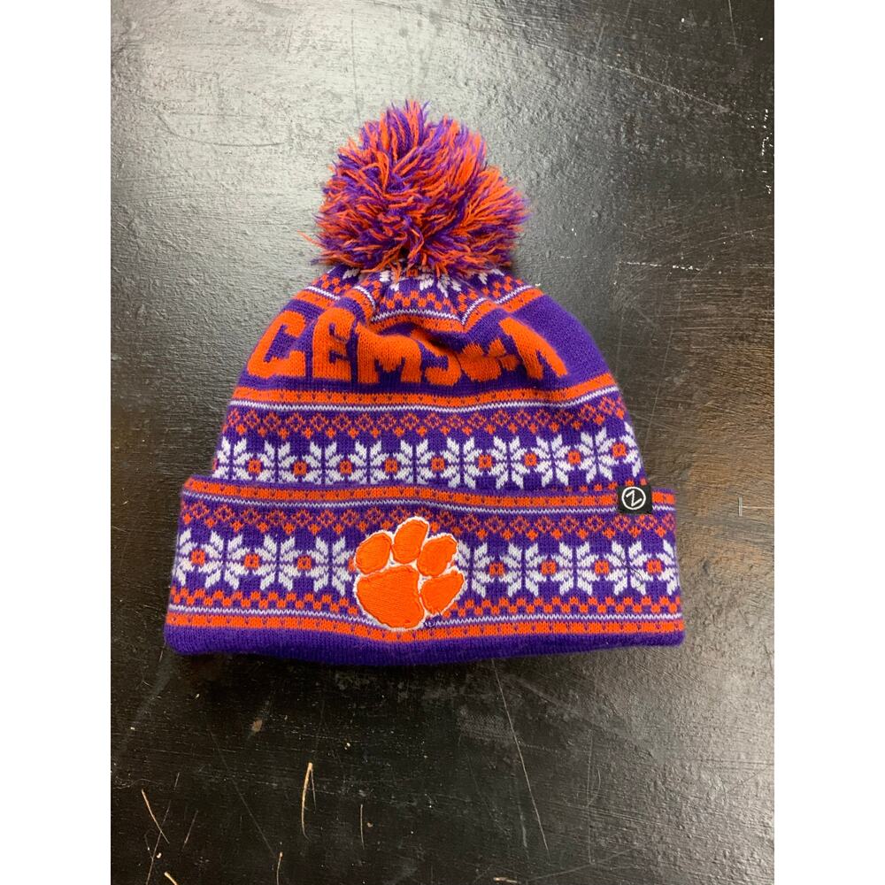 Zephyr Clemson Tigers Pom Beanie Knit Hat Purple Orange Fair Isle Winter Cap